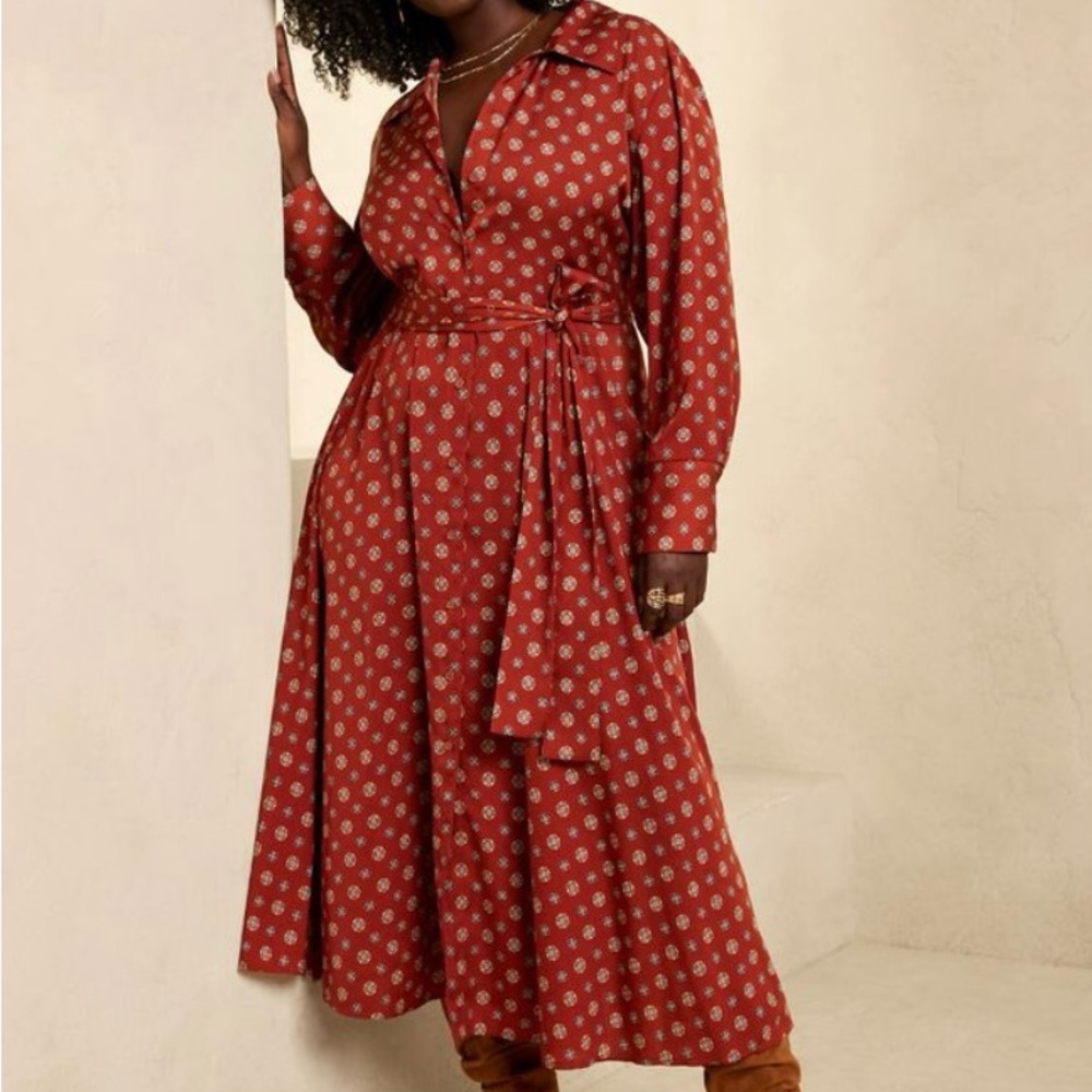 Banana Republic Rossa Midi Shirt Dress, Red Printed, Fall, Work, Western, XXS